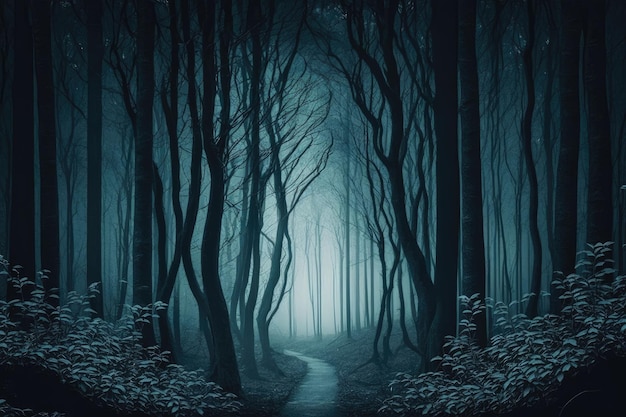 Dark and mysterious forest with towering trees a misty atmosphere and a sense of foreboding Generative AI