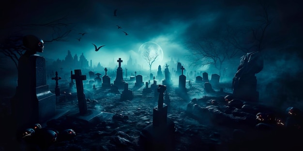 Dark and mysterious Halloween background with a haunted cemetery glowing tombstones and wisps of ghostly mist Generative AI