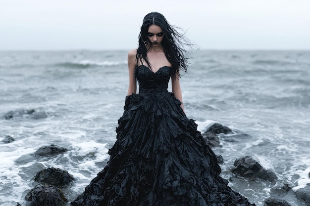 Photo dark and mysterious woman in black dress by the sea