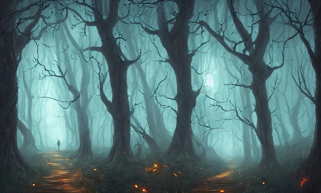 Dark mystical forest scary curved trees Morning fog in the dense forest A path through a gloomy wooded area 3d illustration