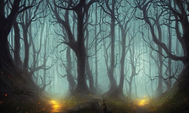 Dark mystical forest scary curved trees Morning fog in the dense forest A path through a gloomy wooded area 3d illustration