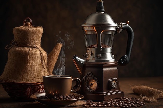 On a dark natural background a moka kettle and a coffee grinder Concept of preparing coffee