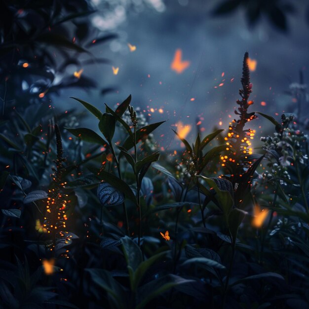 Photo on a dark night a firefly lights up the garden generative ai