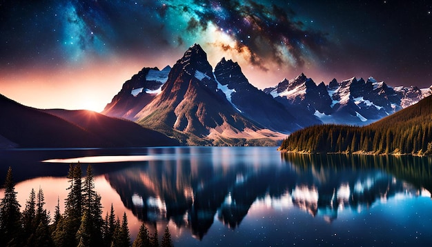 Photo dark night galaxy mountain with lake landscape wallpaper