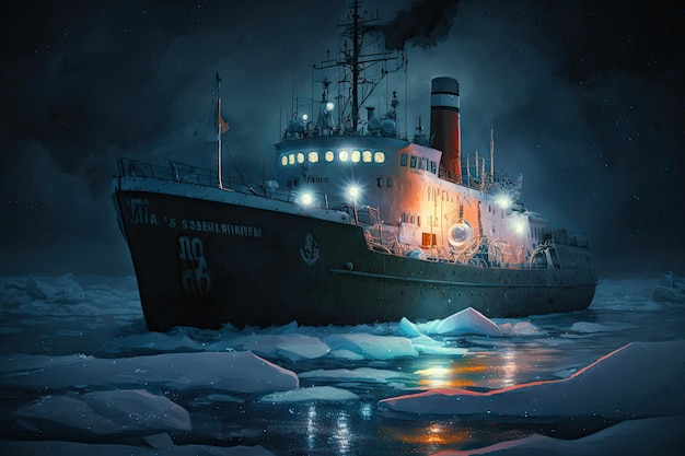 Dark night icebreaker boat floats on water and lights way with spotlights