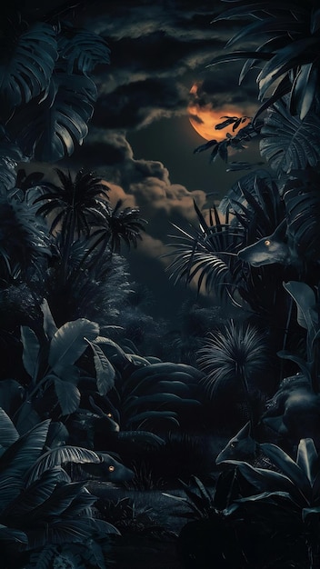 Photo dark night at the jungle with black saturated plants