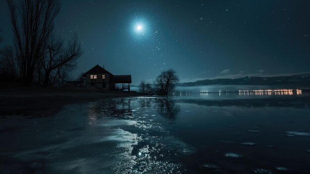 Photo dark night moonlit landscape with a illuminated house windows and bright star in the sky near the winter lake