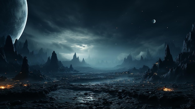 a dark night scene with mountains and a moon in the sky