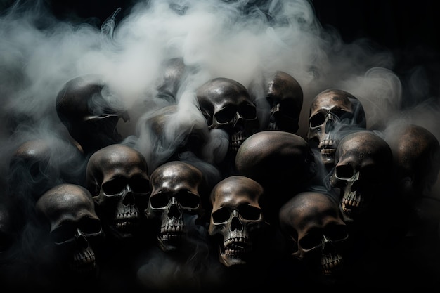 A dark night and shrouded in thick and dense fog skulls with bright and mesmerizing eyes