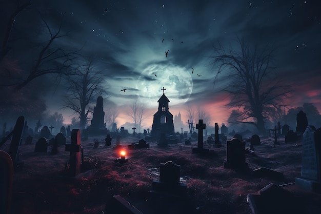 a dark night sky with a moon and a cemetery in the background halloween