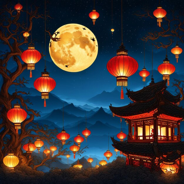 Photo a dark night sky with red and orange lanterns