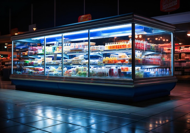 a dark night at the supermarket lights up a display