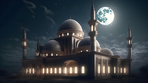 A dark night with a mosque and the moon in the background.