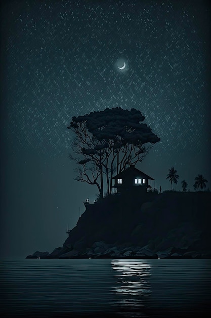 A dark night with a tree on the shore and a moon on the bottom.