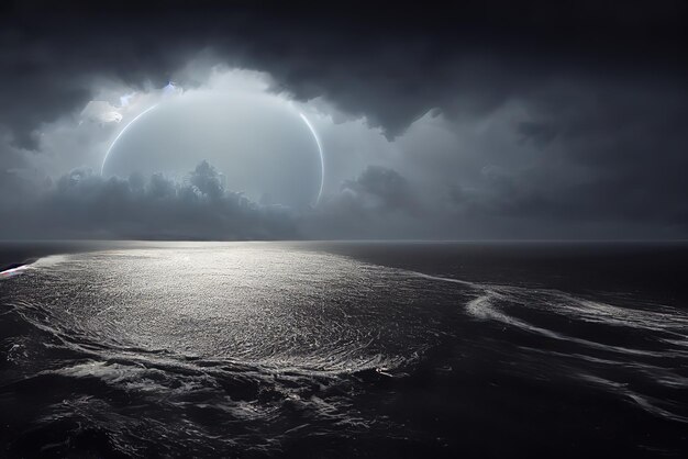 A dark ocean with a moon above it