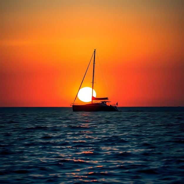 Photo dark ocean with a silhouetted yacht at sunset