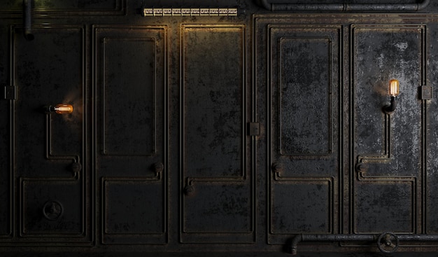 Dark old loft steampunk wall background with lamps