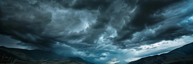 Dark ominous storm clouds gathering over serene mountain landscape