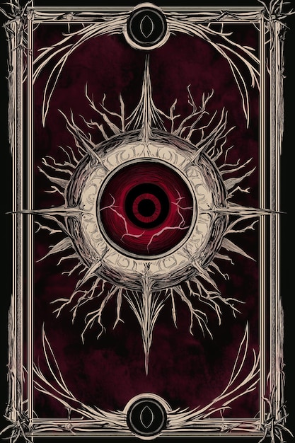 Photo a dark ornate frame with a glowing red eye at its center the background is a deep maroon color with black and white details