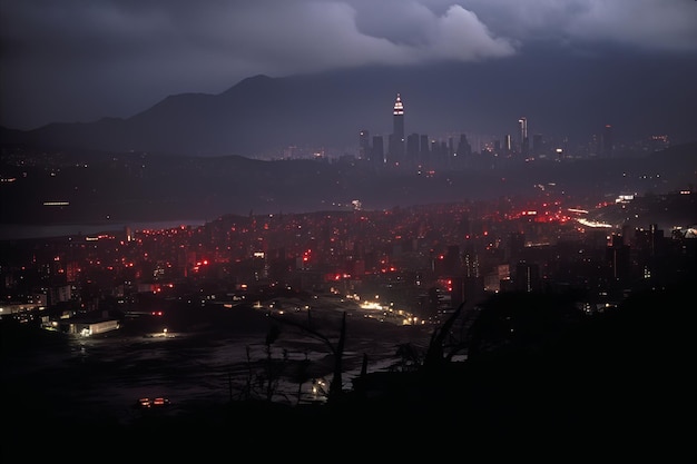 Dark Panorama of Modern City with Tall Skyscrapers