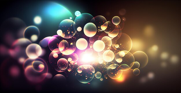 Dark panoramic background bright yellow bokeh glowing circles AI generated image