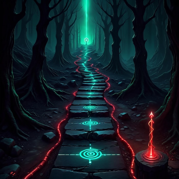 a dark path in a dark forest with a glowing light on the ground