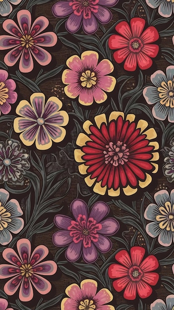 Dark pattern with colorful flowers Seamless ornament decoration