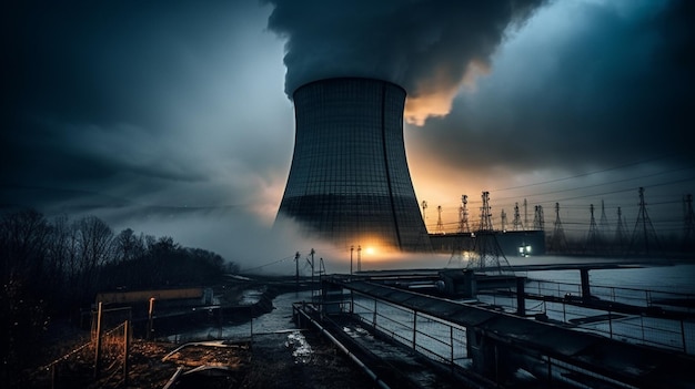 A dark photo of a nuclear power plant with smoke coming out of the top.