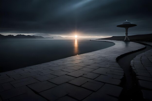 A dark photo of a pier with a lighthouse on the water.