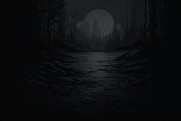 a dark picture of a forest with a full moon in the background