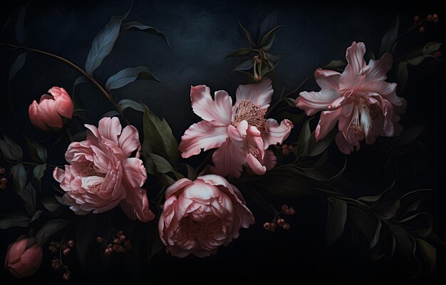 Photo dark pink flowers on dark black background