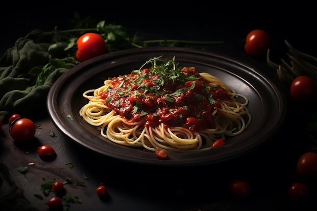 Dark plate with Italian spaghetti on dark