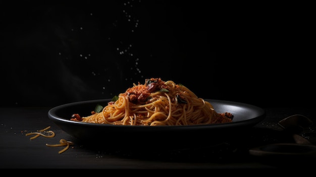 Dark plate with italian spaghetti Illustration AI GenerativexA