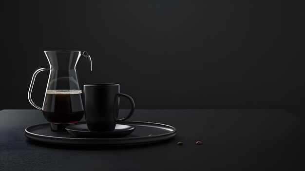 Dark plates and mug with coffee carafe on tray in front of dark background Generative AI