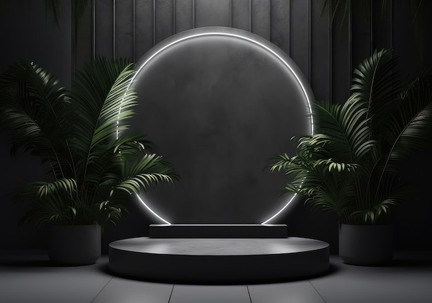 Dark podium showcase for advertising products and goods Display with natural stones and green tropical branches Background for natural cosmetics and branding AI Generative