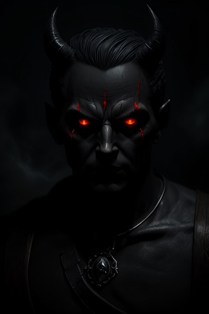 A dark portrait of a demon with red eyes.