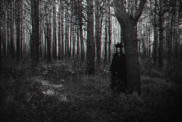 Dark portrait of a frightening witch in black costume. Black and white with 3D glitch virtual reality effect