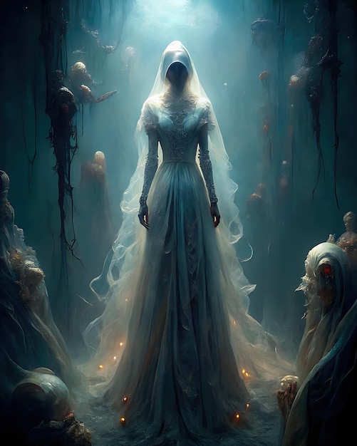 dark portrait of Halloween bride with mysterious aura