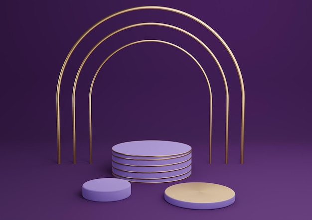 Dark purple 3D product display podium luxury gold arch stand minimal background abstract composition