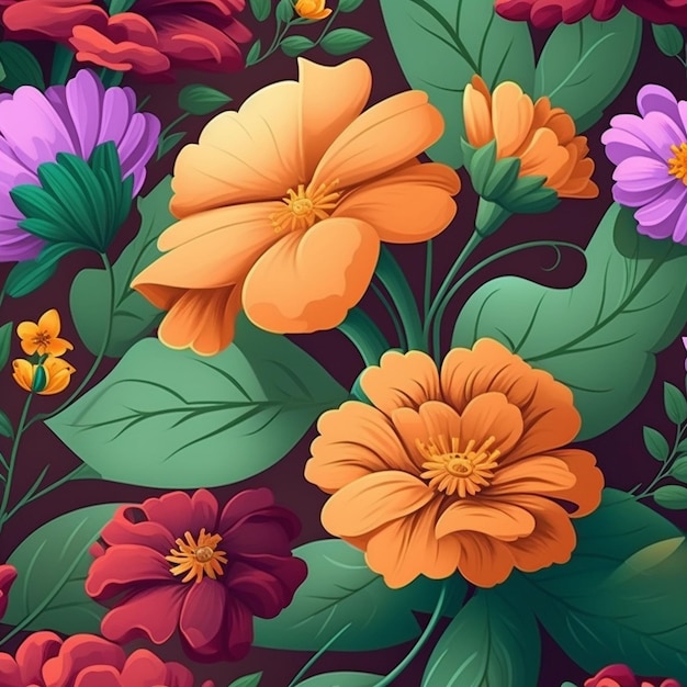 A dark purple background with orange flowers and green leaves.