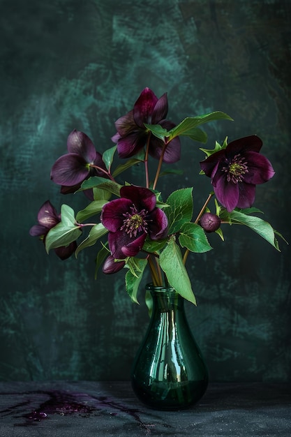 Photo dark purple hellebore flowers in green vase on dark background