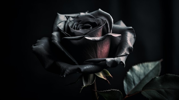 Dark purple rose with dew drops on black background closeup