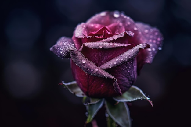 A dark purple rose with water droplets on it.