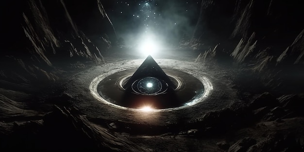 A dark pyramid in a dark space with a light on it