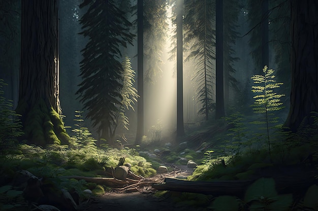 Dark rainforest sun rays through trees with dense fog digital illustration AI generated