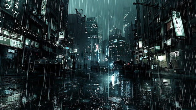 A dark and rainy cityscape The street is wet and reflecting the lights of the city