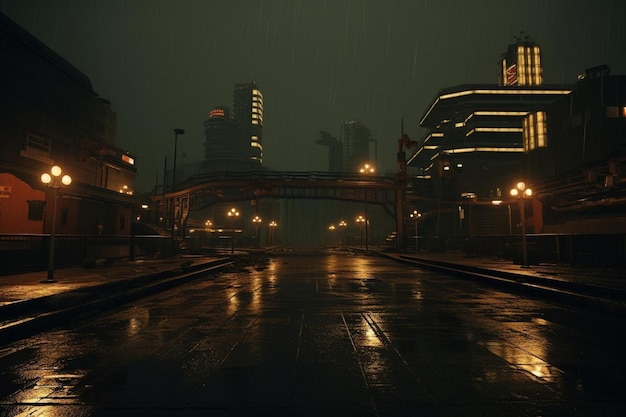 A dark and rainy street in a cyberpunk city the street is lit