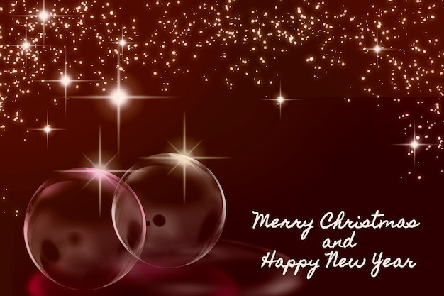 Dark red Merry Christmas and Happy New Year background with stars on top and transparent spheres