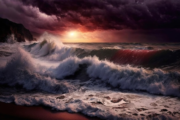 Dark red purple sunset over the stormy glacial ocean shore