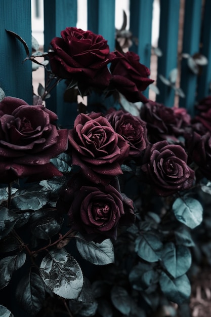 Dark red roses on a blue fence